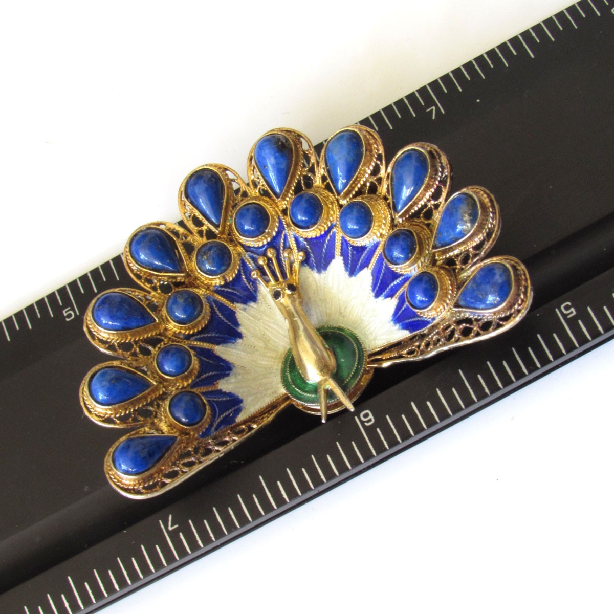 *SALE* Chinese Export Gilt Sterling Silver Lapis Enameled Peacock Pin