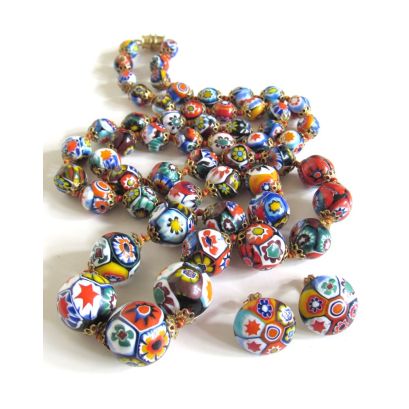 Murano Art Glass Millefiori Beaded Necklace Graduated Bead