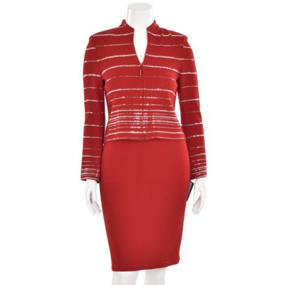 St John Collection 3Pc Santana Knit Jacket, Skirt & Pant Suit in Red/Gold  sz 6/4 - Helia Beer Co