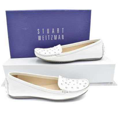 Stuart Weitzman Chips White Patent Leather Crystal Studded Flats