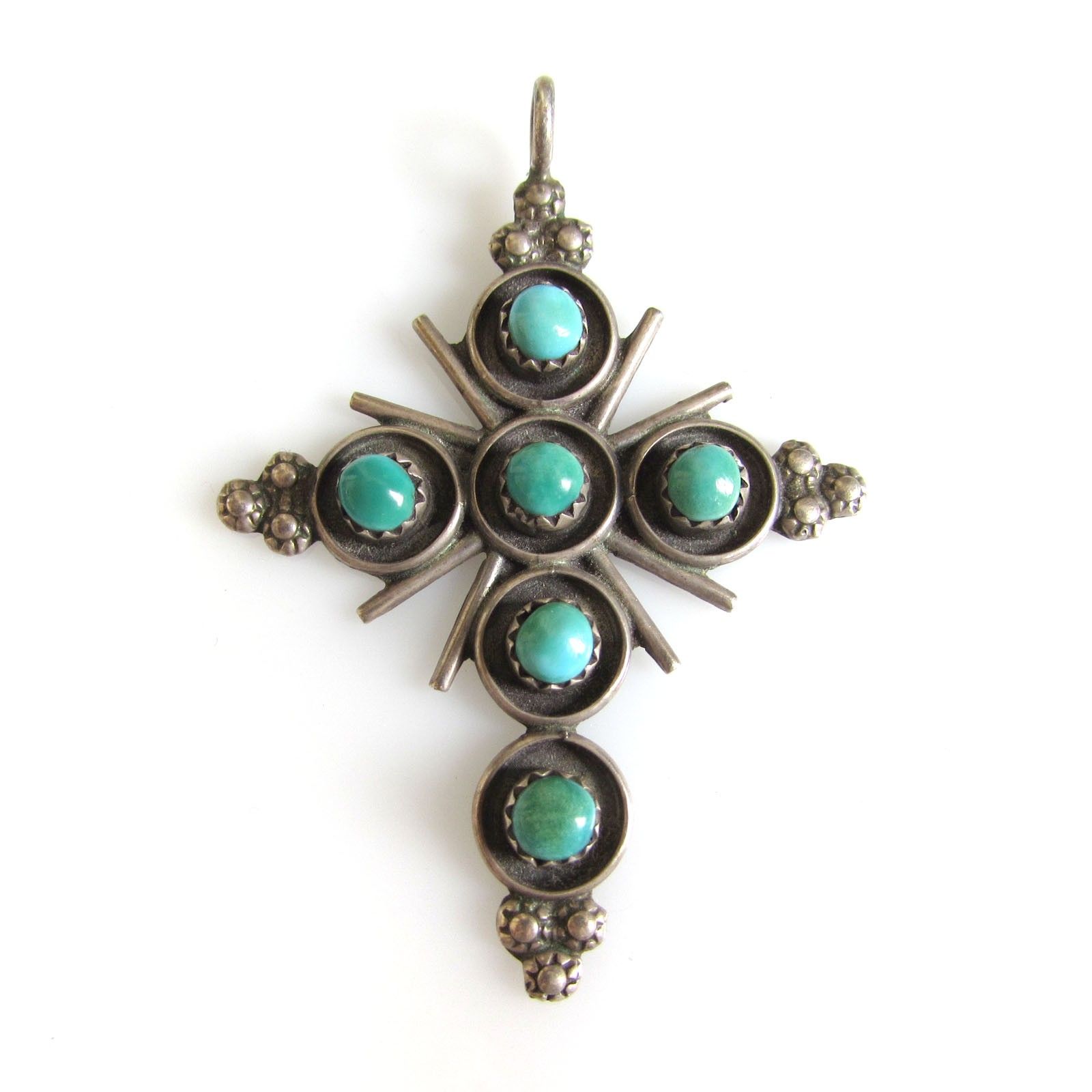 Vintage Sterling Silver & Turquoise Ornate Cross Pendant