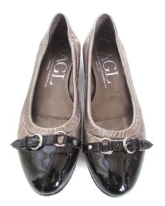 AGL Quilted Pewter & Black Patent Leather Cap Toe Flats 