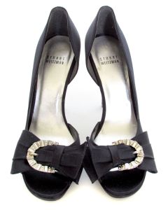 Stuart Weitzman Black Satin Peep Toe Heels with Crystal Detail