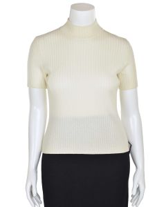 St John Ribbed Short Sleeve Novelty Knit Top in Off-White