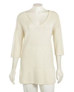 St. John V-Neck Waffle Knit Wool Tunic Top in Off-White