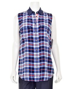 Equipment Signature Plaid Silk Sleeveless Blouse in Navy/Coral