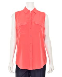 Equipment Signature Silk Sleeveless Blouse in Bright Coral
