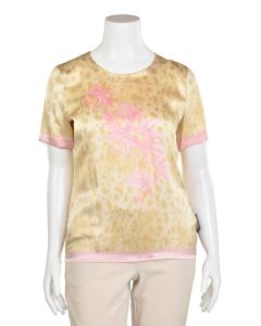 Escada Taupe & Pink Floral Short Sleeve Silk Blouse