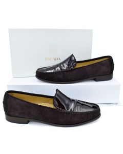 Escada Dark Brown Suede & Patent Leather Moccasin Flats