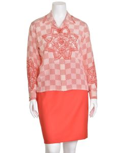 Escada Margaretha Ley Red Coral / Ivory Printed 100% Silk Blouse
