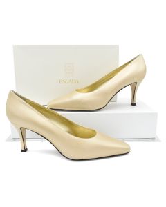 ESCADA ~ Women's Black Leather Gold Stars Studded Kitten Heels ~ Size 7 1/2B 