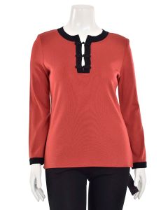 Exclusively Misook Long Sleeve Red Coral Top w/ Woven Black Trim