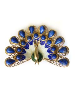 Gilt Sterling Silver Enameled Peacock Brooch with Lapis Lazuli Accents