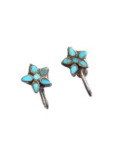 Small Zuni Dishta Style Turquoise Flower Screw Back Earrings