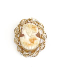 Hand Carved Dionysus Shell Cameo Brooch Pendant in 10K Gold