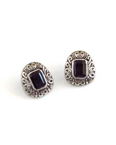 Sterling Silver Filigree Earrings with Emerald Cut Black Faceted Stone