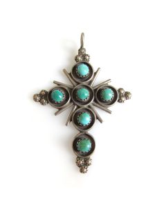 Vintage Sterling Silver & Turquoise Ornate Cross Pendant