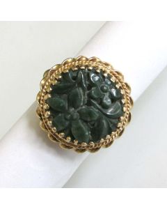 Fine 14k Gold Carved Nephrite Jade Vintage Cocktail Ring