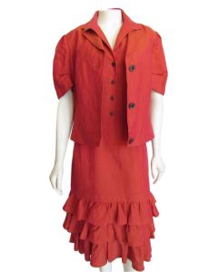 Lafayette 148 New York Reddish Orange Linen Dress Suit with Ruffles