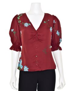 Joie Anevy Floral Silk Button-front Ruffle Top In Cambridge Red