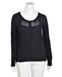 Leifsdottir Fine Black Wool Henley Sweater with Silk & Lace Trim