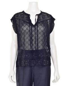Rebecca Taylor Ada Silk Embroidered Sleeveless Blouse in Navy