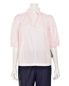 Rebecca Taylor Ruffle-Neck Short-Sleeve Poplin Top in Sakura Pink
