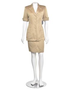 Rena Lange 2Pc Tan Cotton Safari Style Jacket & Skirt Suit