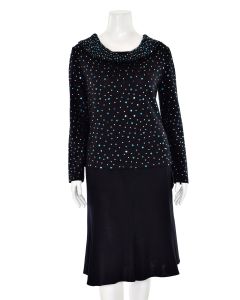 St. John 2Pc Crystal Sweater & Skirt Suit in Black/Turquoise