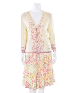 St. John 2Pc Floral Cardigan & Silk Skirt Set in Cream Multi