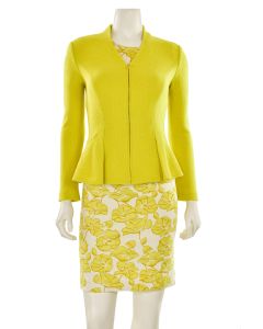 St. John 2Pc Jacket & Patterned Dress Suit in Chartreuse/White