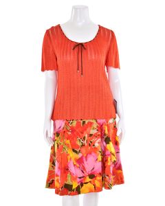 St. John 2Pc Knit Top & Floral Silk Skirt Set in Orange Multi