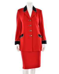 St. John 2Pc Skirt Suit w/ Faux Suede Trim in Red/Black