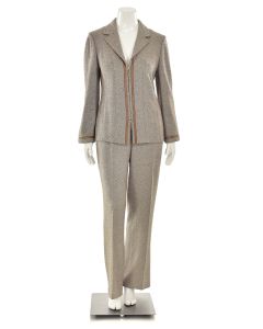 St. John Collection 2Pc Leather Trimmed Pantsuit in Mocha Tweed