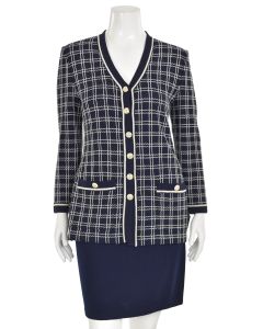 St. John Collection 2Pc Navy/Cream Plaid Jacket & Skirt Suit