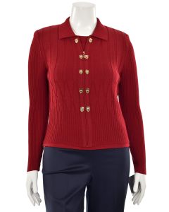 St. John Collection 2Pc Scarlet Red Ribbed Cardigan & Top Set