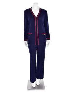 St. John Collection 2Pc Zip-Up Jacket & Pant Suit in Navy/Red