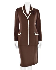 St. John Collection 3Pc Skirt Suit in Chocolate Brown/Cream