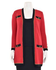 St. John Collection Long Red/Black/Gold Open Front Cardigan