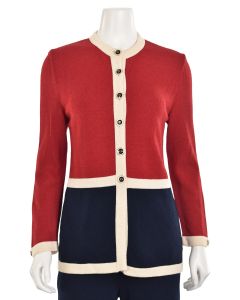 St. John Collection Red/Navy/Ivory Colorblock Cardigan 