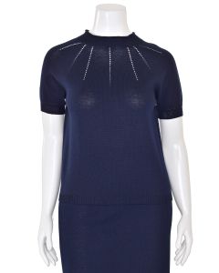 St. John Collection Scrunched Neck Short Sleeve Knit Top in Navy