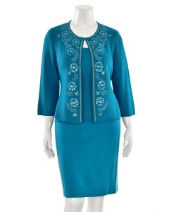 St. John Couture 3Pc Jeweled Jacket Top & Skirt Suit in Teal