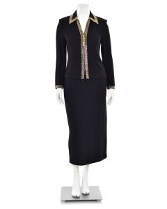 St. John Evening 2Pc Black Iridescent Crystal Jacket & Skirt Suit