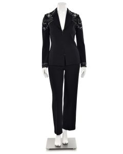 St. John Evening 2Pc Black Jeweled Jacket & Pant Suit