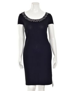 St. John Evening Black Dress w/ White/Black Embellished Collar