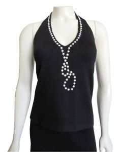 St. John Evening by Marie Gray Black Santana Knit Halter Top with Pearl Studs