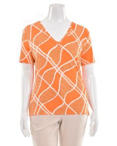 St. John Knit Orange Multi Gold Crystal/Pearl Stretch Jersey Knit Top