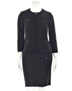 St. John Knits 2Pc Black Jacket & Skirt Suit w/ Rosette Brooch