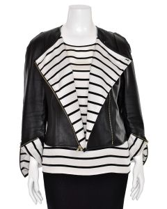 St. John Knits 2Pc Black Leather Jacket & Striped Silk Shell Set