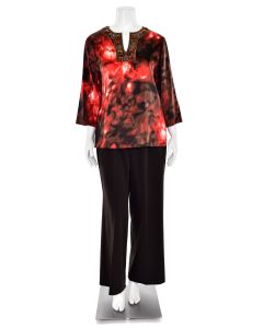 St. John Knits 2Pc Jeweled Silk Tunic & Pant Set in Red/Brown